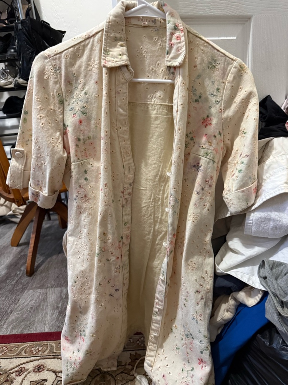 Solitaire Cream Embroidered Floral Eyelet Button-Down Shirt